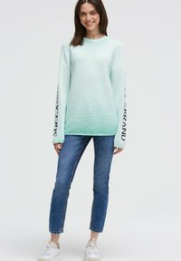 Hellmintgrüner, gestrickter Pullover mit Rippenstruktur, langen Ärmeln und schwarzem Branding auf den Ärmeln, kombiniert mit blauen Skinny-Jeans und weißen Sneakern.