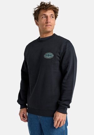 Black sweatshirt made of cotton blend, featuring a round neckline, ribbed cuffs, and a front graphic logo in blue and green.