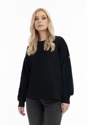 Zwarte lange mouwen sweatshirt met ronde hals, zachte textuur en geribde manchetten. Bevat een klein logo op de linker mouw.