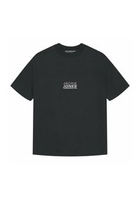 Schwarzes Baumwoll-T-Shirt mit Rundhalsausschnitt, kurzen Ärmeln und einem Front-Graphic-Logo in weißem Text, mit lockerer Passform und glatter Textur.