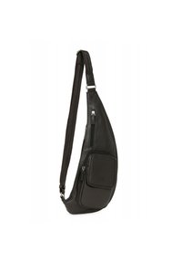 Borsa a tracolla in pelle nera con design curvo, superficie texturizzata, tracolla regolabile e tasca frontale con cerniera. Presenta dettagli in metallo argentato.