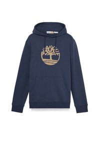 Granatowy hoodie wykonany z bawełny, z dużym logo drzewa w kolorze beżowym umieszczonym na środku klatki piersiowej, z przednią kieszenią kangurzą oraz regulowanym kapturem na sznurku.