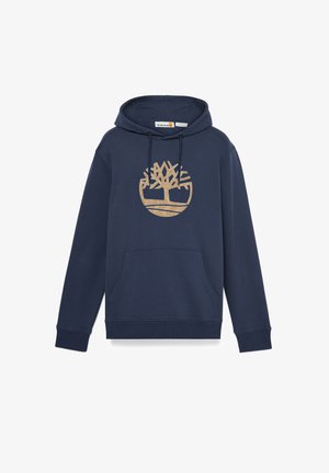 Dunkelblaues Hoodie aus Baumwolle, mit einem großen hellbraunen Baumlogo, das mittig auf der Brust platziert ist, einer praktischen Kängurutasche vorne und einer verstellbaren Kapuze mit Zugband.
