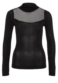 Schwarzer langärmeliger Rollkragenpullover mit einem Fischernetz-Mesh-Einsatz über der oberen Brust und den Schultern.
