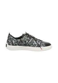 Lace-up sneakers with a black and white speckled textile upper, black leather toe cap, and white rubber sole. Features a red accent.