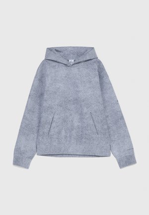 Gray hooded sweatshirt made of textured fabric. Features a front pouch pocket and cuffed sleeves. Minimalist design with no visible logos.