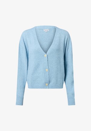 Hellblauer Cardigan mit V-Ausschnitt, langen Ärmeln und fünf runden Knöpfen. Aus weichem, strukturiertem Stoff mit gerippten Bündchen und Saum.