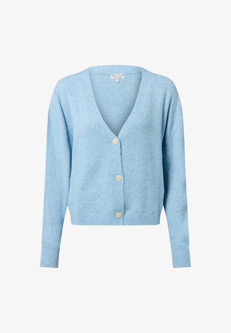 Jasnoniebieski kardigan z dekoltem w kształcie litery V, długimi rękawami i pięcioma okrągłymi guzikami. Wykonany z miękkiej, teksturowanej tkaniny z prążkowanymi mankietami i dołem.