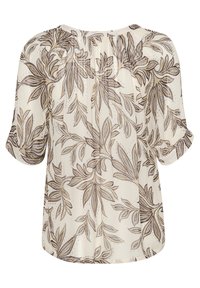 Cremefarvet blouse med løs pasform, prydet med et botanisk bladmønster i brun og guld, korte ærmer og en samlede halsudskæring.