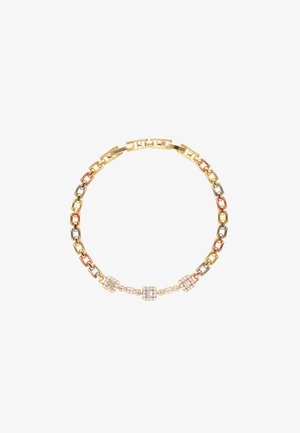 Lagkæde i guld, sølv og rosaguld med vekslende led, der har tre akcenter af kubisk zirkonia i forskellige størrelser.