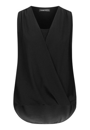 Čierne bezrukávové blúzka s prekrývacím dizajnom, hladkou textúrou, výstrihom do V a zakriveným lemom na spodnej časti. Ľahký materiál. Viditeľná značka výrobcu.