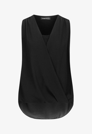 Čierne bezrukávové blúzka s prekrývacím dizajnom, hladkou textúrou, výstrihom do V a zakriveným lemom na spodnej časti. Ľahký materiál. Viditeľná značka výrobcu.