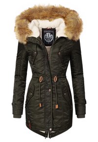 Olive green parka with a faux fur hood, zipped front, drawstring waist, and multiple pockets. Lined with soft, cream-colored material.