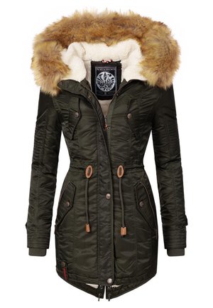 Olive green parka with a faux fur hood, zipped front, drawstring waist, and multiple pockets. Lined with soft, cream-colored material.