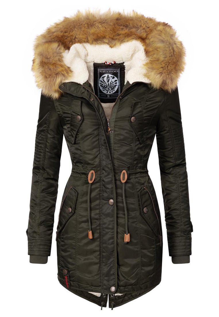 Olive green parka with a faux fur hood, zipped front, drawstring waist, and multiple pockets. Lined with soft, cream-colored material.