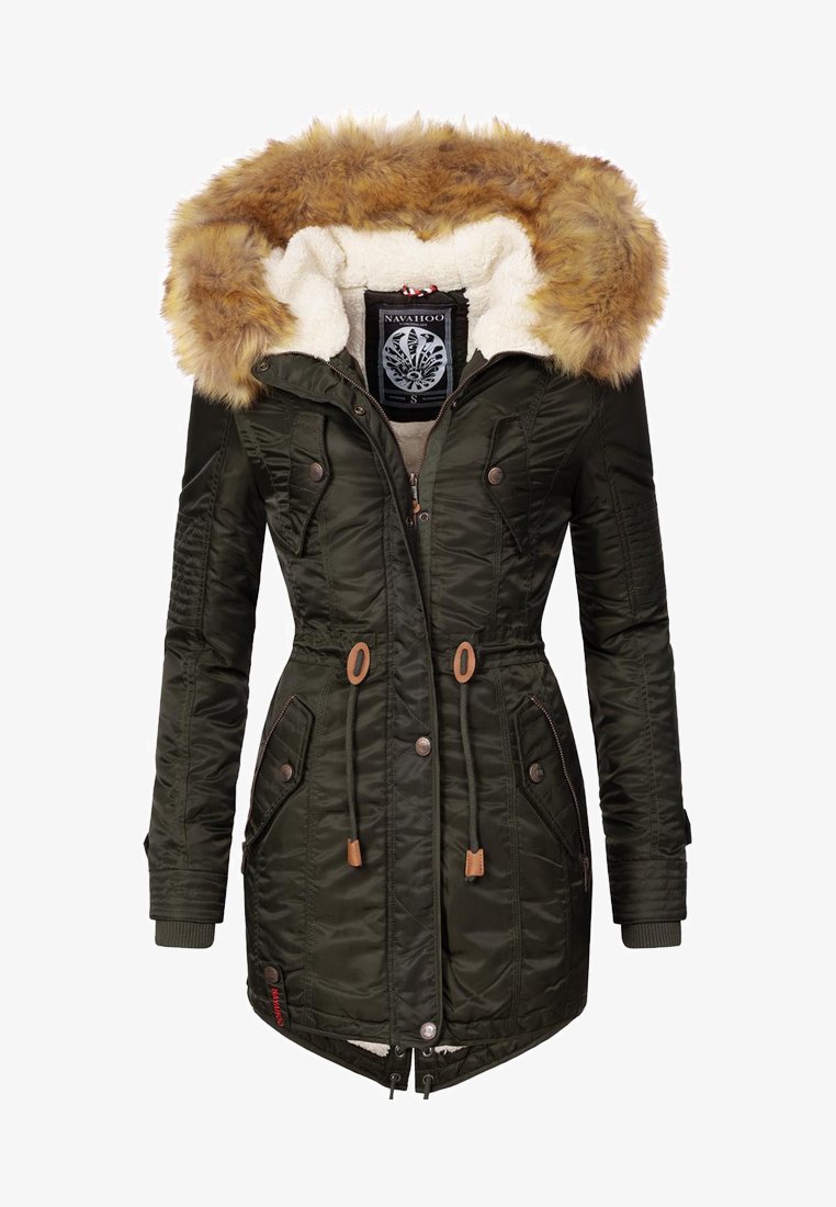 Olive green parka with a faux fur hood, zipped front, drawstring waist, and multiple pockets. Lined with soft, cream-colored material.