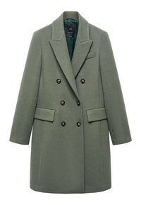 Manteau en laine vert olive à double boutonnage avec larges revers, six boutons, deux poches à rabat et une poche poitrine passepoilée, présenté à plat sur fond blanc.