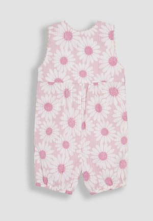 Rozā ziedu krekliņš ar baltām margrietiņām un rozā centru, ar viļņotiem malumiem un elastīgām kāju atverēm komfortam.