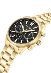 Orologio in acciaio inox dorato con quadrante nero, superficie testurizzata, tre sottodial e indicatori luminosi; presenta pulsanti a pressione e un bracciale massiccio.
