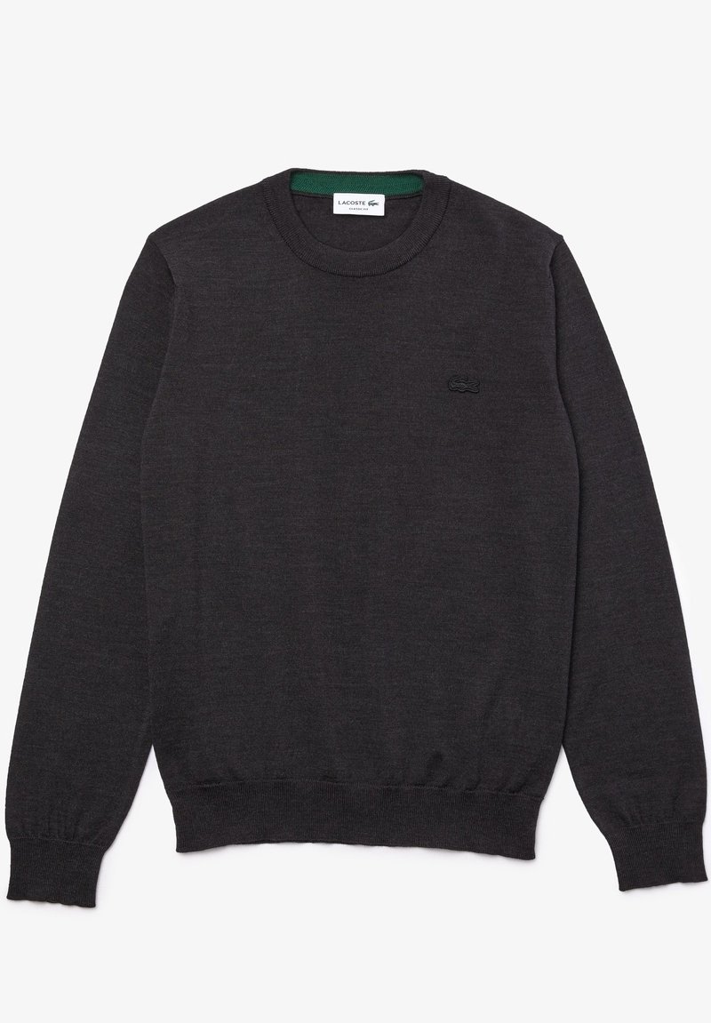 Maglione grigio scuro realizzato in tessuto morbido, con collo a girocollo, polsini a coste e un logo ricamato discreto sul petto.