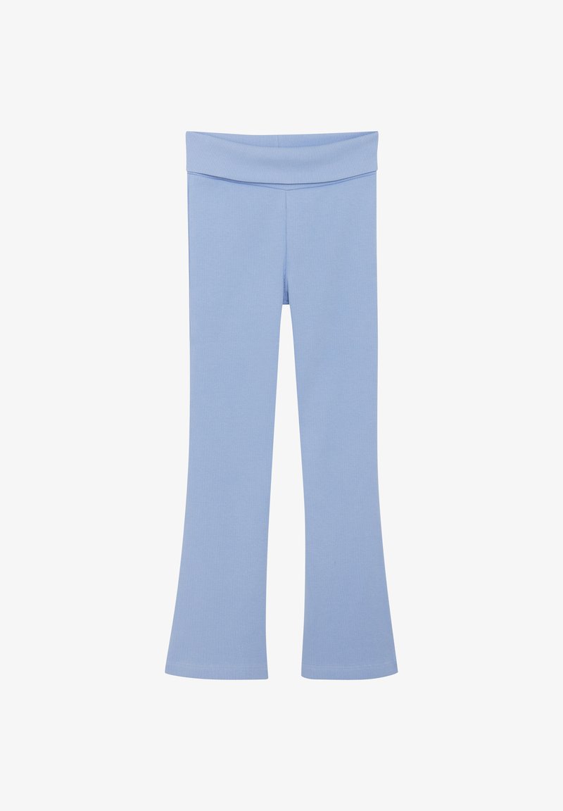 Leggings évasés côtelés bleu clair avec une large ceinture, présentant une texture lisse et une coupe ajustée qui se rétrécit jusqu'au genou.