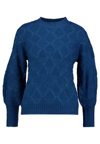 Niebieski sweter z dzianiny z wzorem w diamenty, okrągłym dekoltem i bufiastymi rękawami z prążkowanymi mankietami i dolnym brzegiem. Teksturowany materiał.