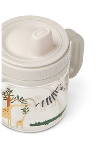 Transparent glass cup with a beige silicone lid and handle. Features colorful animal illustrations on one side, including a zebra and giraffes.