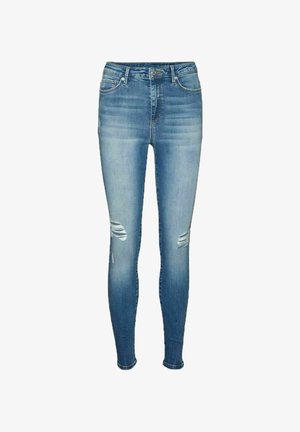 Skinny jeans in light blue denim, featuring a mid-rise waist, distressed knee accents, and a classic five-pocket design.