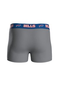 Gray boxer briefs featuring a blue waistband with "BILLS" and a logo in red. Smooth texture with a fitted design for comfort.