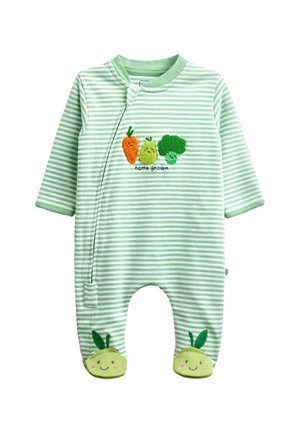 Groen-wit gestreepte babyromper met lange mouwen, glimlachende groente-applicaties en de tekst "home grown" op de borst.