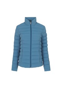 Giacca a vento imbottita azzurro chiaro, con zip frontale e alto colletto, caratterizzata da sezioni trapuntate orizzontali e tasche laterali. Texture liscia.