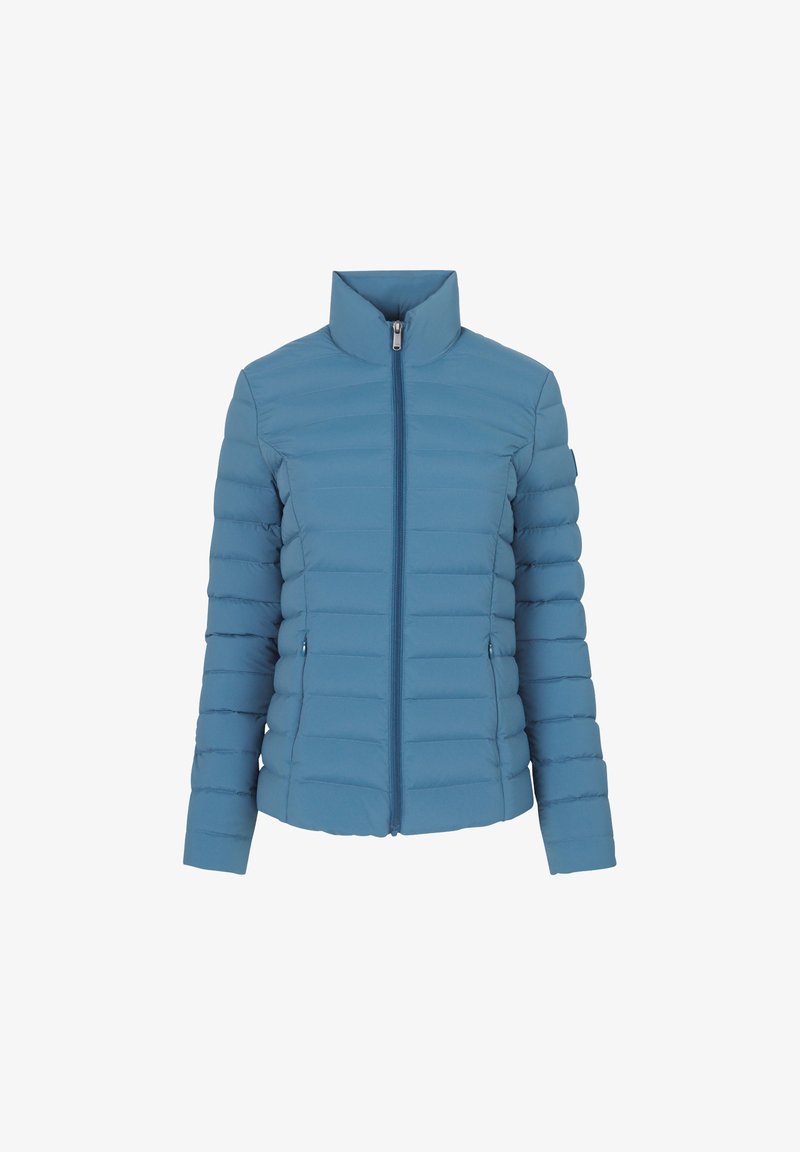 Lichtblauwe, met rits te openen pufferjack met hoge kraag, voorzien van horizontaal gestikte secties en zijzakken. Gladde textuur.