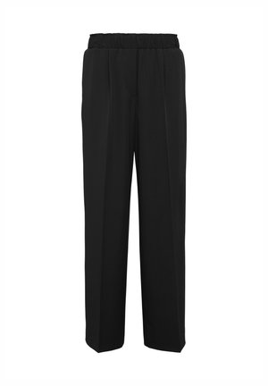Black trousers made of smooth fabric, featuring an elastic waistband, loose fit, straight legs, and front pleats for added structure.