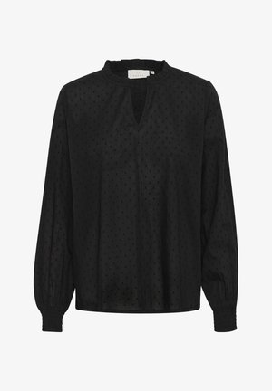 Blouse noire à manches longues avec un motif texturé subtil, décolleté en forme de goutte et poignets froncés. Fabriquée en tissu léger.