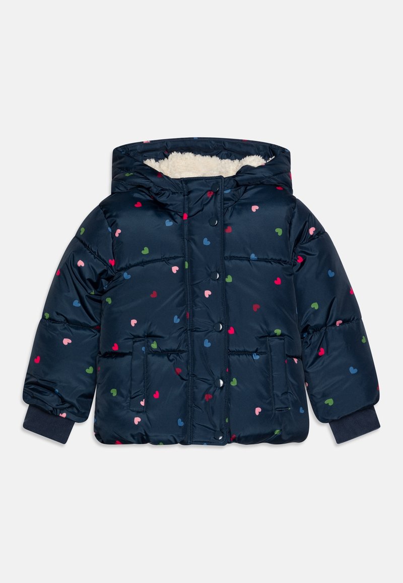 Doudoune pour enfant bleu marine avec motifs de cœurs multicolores, boutons-pression à l'avant, deux poches, capuche et doublure douce en polaire blanche.