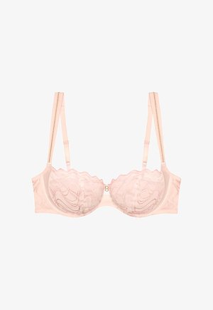 Svetloružová čipkovaná balconette podprsenka s kostícami, nastaviteľnými tenkými ramienkami a zvlnnenými okrajmi.