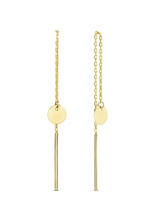 Lange goldene Kettenohrringe mit einer kleinen runden Scheibe nahe oben und einer dünnen vertikalen Stange, die unter der Scheibe an jedem Ohrring hängt.