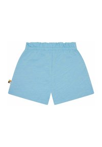 Shorts in cotone azzurro chiaro con cintura elastica e una piccola etichetta multicolore sul lato. Design semplice, texture liscia e senza fantasie.
