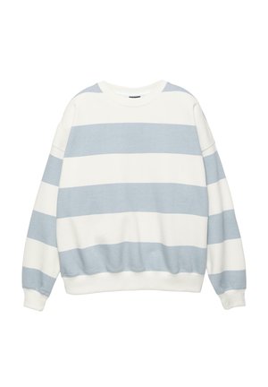 Mikina se širokými horizontálními pruhy v světle modré a bílé barvě, s dlouhými rukávy, žebrovanými manžetami a lemem a kulatým výstřihem.