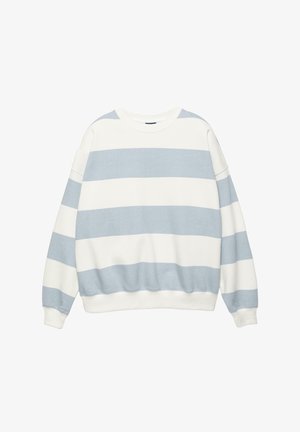 Majica z dolgimi rokavi s širokimi vodoravnimi svetlo modrimi in belimi črtami, rebrastimi manšetami in robom ter okroglim izrezom na vratu.