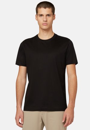 Black short-sleeve t-shirt with a crew neckline, made of smooth fabric. Features a relaxed fit and no visible logos or patterns.