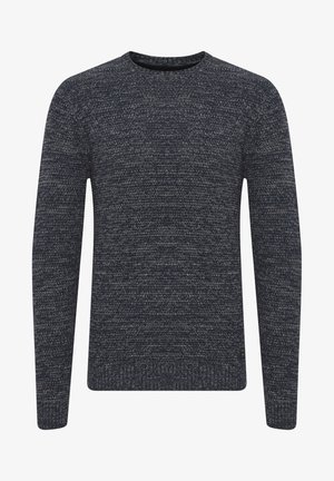 Tmavo modrý pletený sveter s okrúhlym výstrihom, dlhými rukávmi a textúrovaným vzorom. Rebrované manžety a lem dodávajú dizajnu pevnosť.