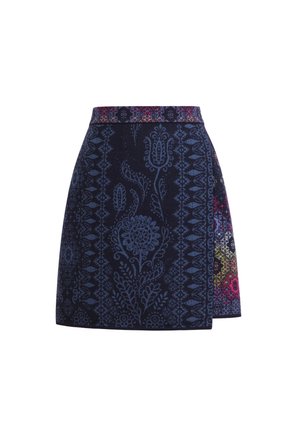 A navy skirt with floral patterns in varying shades of blue and colorful accents. Features a decorative waistband and fitted silhouette.