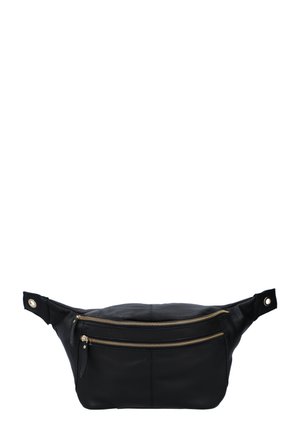 Czarna skórzana nerka z dwoma kieszeniami na złote zamki błyskawiczne oraz regulowanym paskiem z metalowymi zatrzaskami.