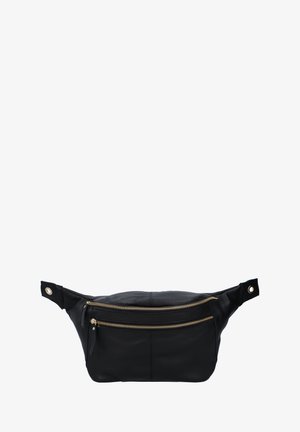 Sac banane en cuir noir avec deux compartiments à fermeture éclair dorée et sangle réglable avec boutons-pression en métal.