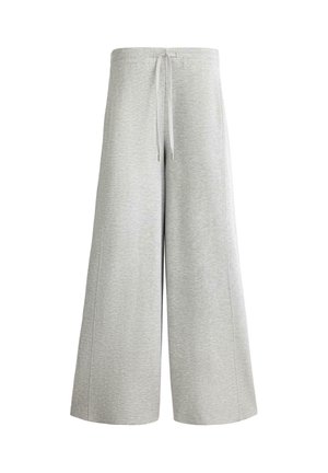 Light gray wide-leg pants with elastic waistband and drawstring, made from soft, textured fabric.