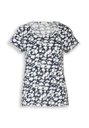 Tumesinine lühikeste varrukatega naiste T-särk valge lillemustriga ja ümmarguse kaelusega.