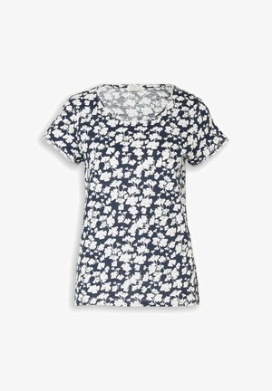Tumesinine lühikeste varrukatega naiste T-särk valge lillemustriga ja ümmarguse kaelusega.