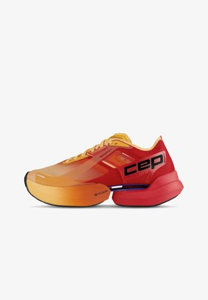 Bright red and orange running shoe with thick sole, black "cep" logo on side, and visible purple support bar in the midsole.