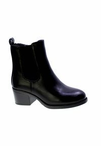 Stivale alla caviglia in pelle nera con tacco a blocco, pannelli laterali elasticizzati e linguetta, su sfondo bianco, vista laterale.